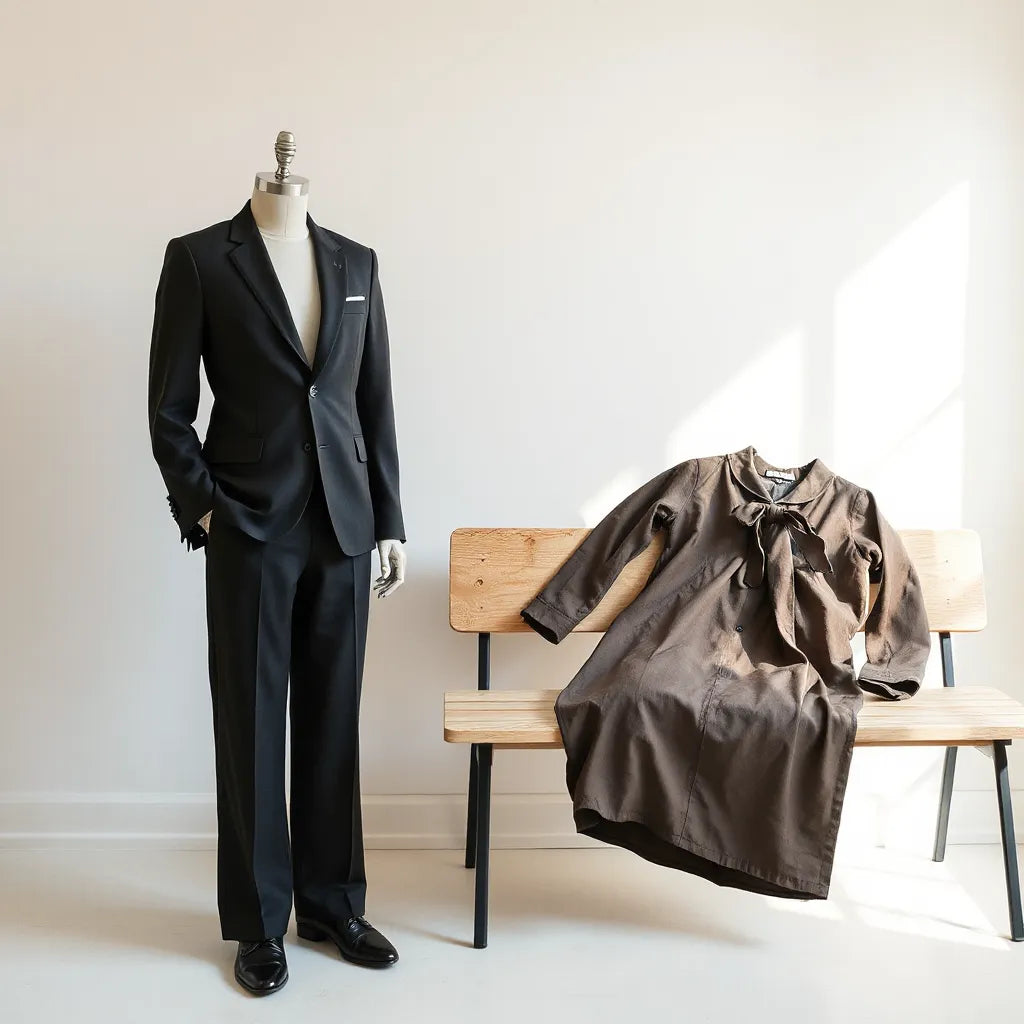 Model in a tailored blazer with sleek trousers beside a neatly arranged modern elegant outfit set