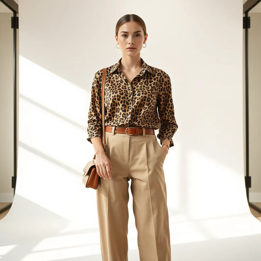 Model wearing a leopard-print blouse with neutral trousers and a structured bag in a bright studio