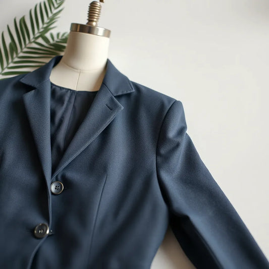 Tailored blazer with clear lapel, shoulder, and sleeve fit details on a minimal background