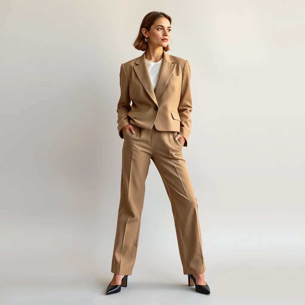 Woman wearing a tailored blazer and matching high-waisted trousers in a minimalist studio
