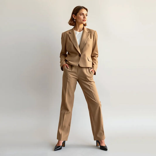 Woman wearing a tailored blazer and matching high-waisted trousers in a minimalist studio