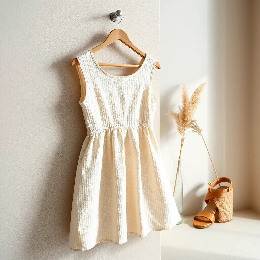 Woven fabric dress hanging on a simple hanger in soft natural light