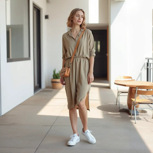 Relaxed midi dress outfit with minimal accessories in soft natural light outdoors