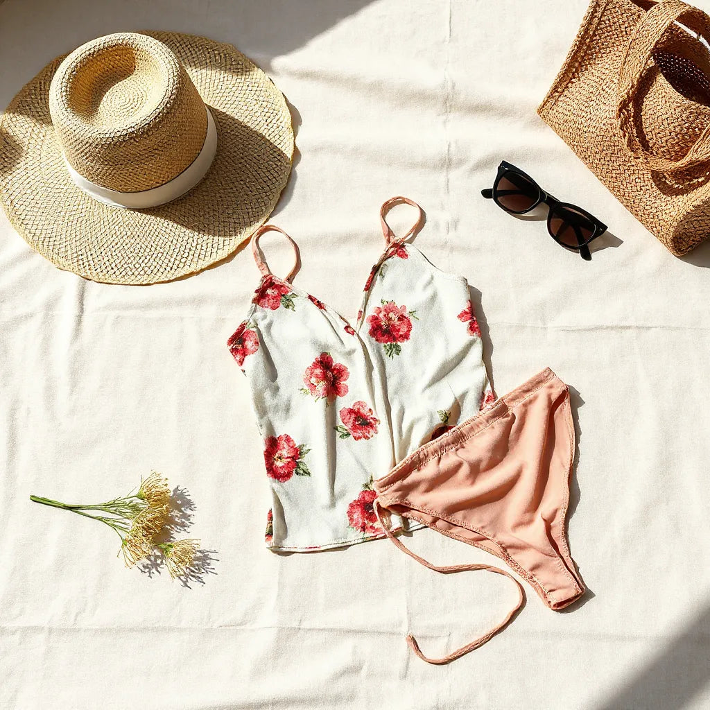 Floral camisole and bikini laid out with a straw hat and woven tote on a linen surface