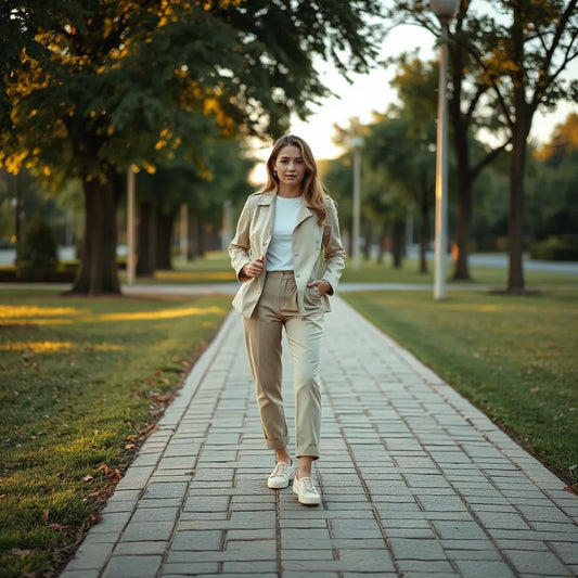 Person wearing a polished outdoor occasion outfit with light jacket, tailored bottoms, and comfortable shoes outdoors