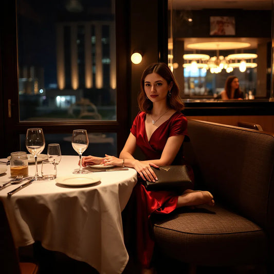 Woman in elegant satin midi evening wear at a warm-lit restaurant table with subtle jewelry and clutch