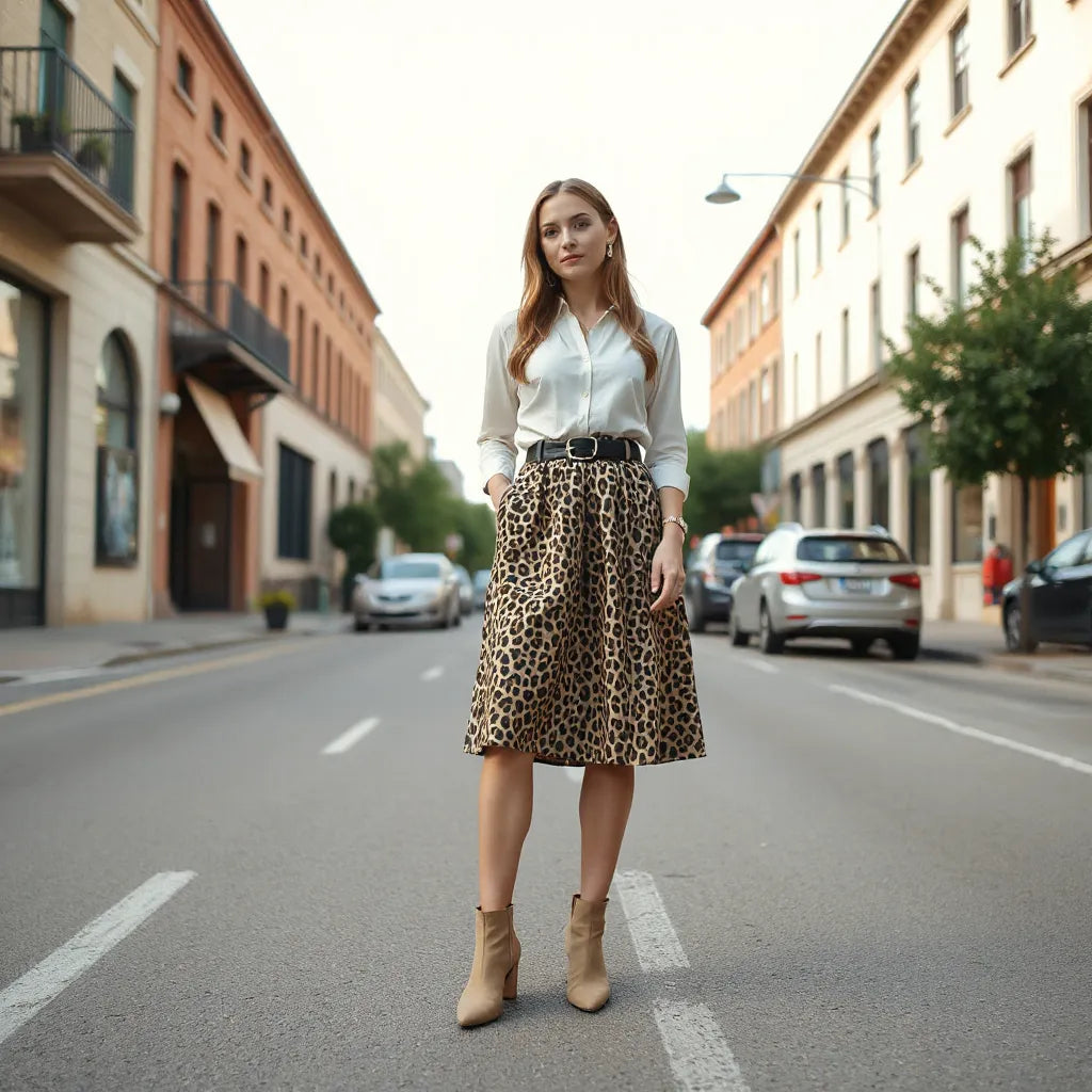 Model wearing a leopard print skirt with a solid blouse and ankle boots in natural daylight