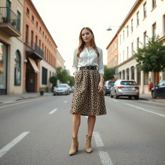 Model wearing a leopard print skirt with a solid blouse and ankle boots in natural daylight