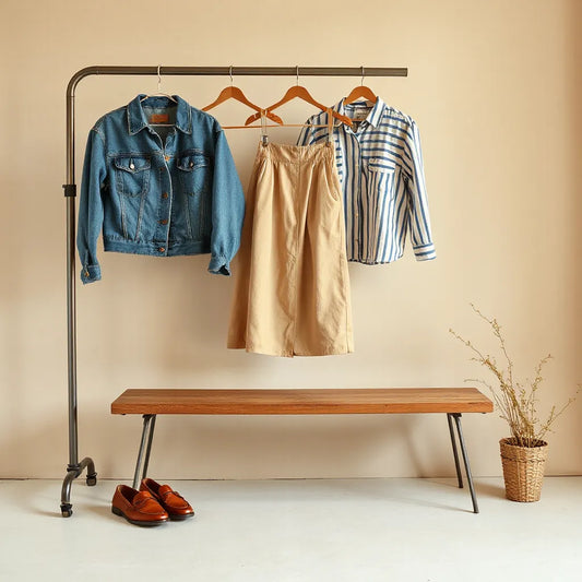 Vintage-inspired clothes and classic footwear arranged neatly on a simple studio styling rack