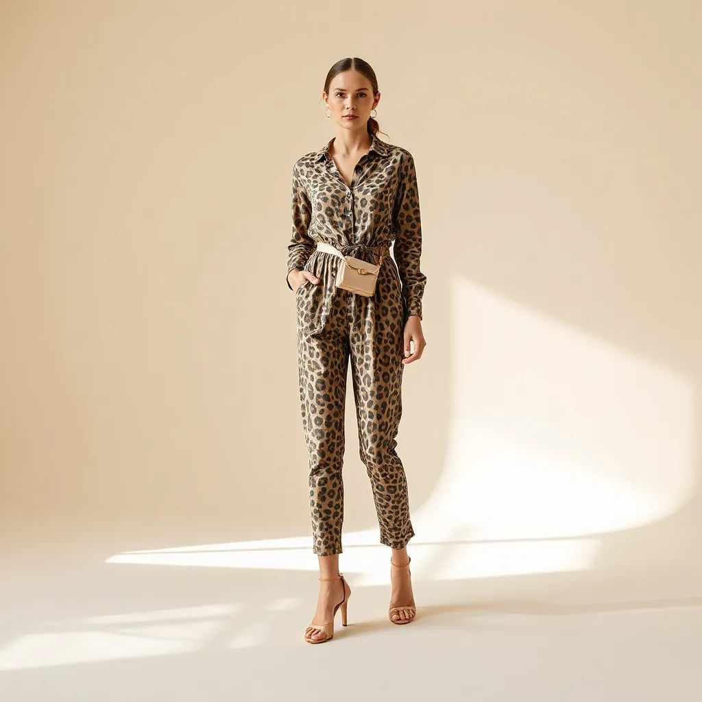 Model wearing a leopard print jumpsuit with a belt and heeled sandals in a bright studio