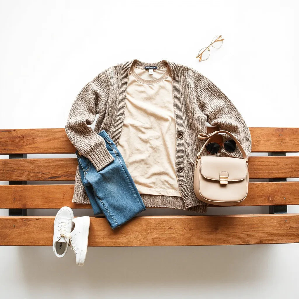 Casual outfit layout with knit top, denim jeans, cardigan, sneakers, and simple bag on a bench