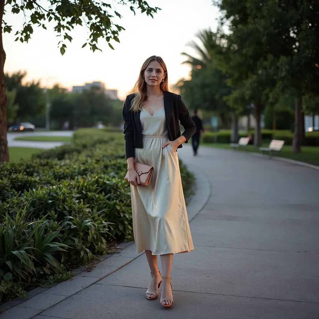Woman in a satin summer night dress with cropped jacket and strappy sandals against a dusk park backdrop
