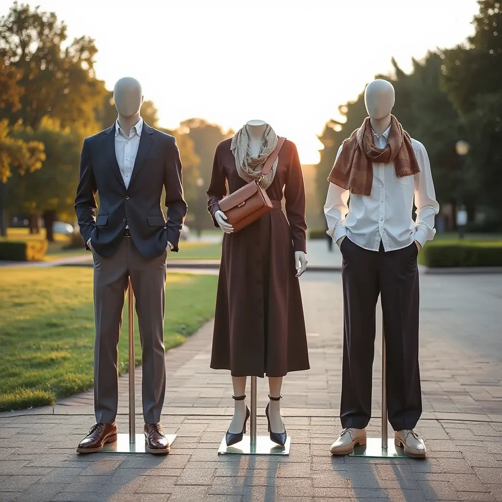 Three well-styled outdoor occasion outfits in a park, featuring light layers, polished shoes, and elegant accessories.