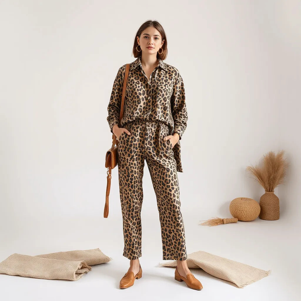 Model in a leopard-print outfit styled with neutral accessories in a softly lit studio