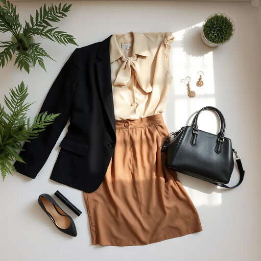 Tailored blazer and midi skirt styled with minimal jewelry and a structured handbag on a neutral background