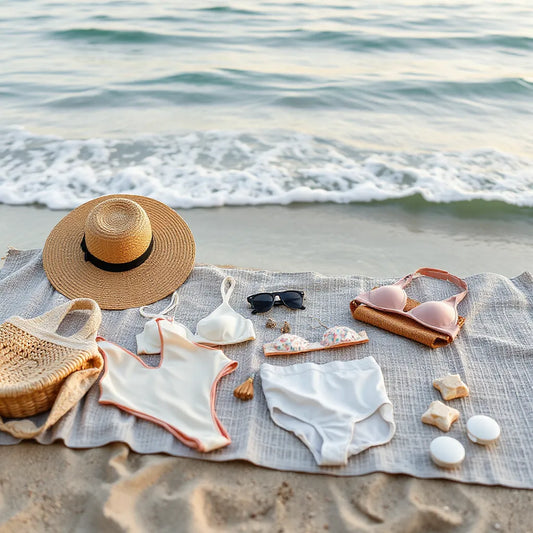 Assorted beach vacation swimwear on a towel with a straw hat and sunglasses near the shoreline