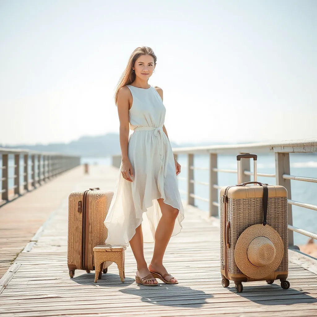 Flowy lightweight vacation dress styled with sandals, hat, and a small suitcase on a sunlit boardwalk