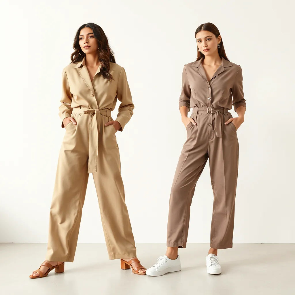 Two women modeled in tailored and sleek jumpsuits with visible waist detail in a bright, minimal setting