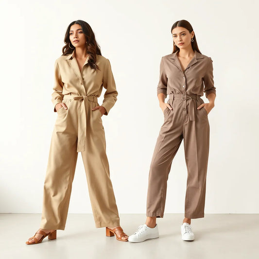 Two women modeled in tailored and sleek jumpsuits with visible waist detail in a bright, minimal setting