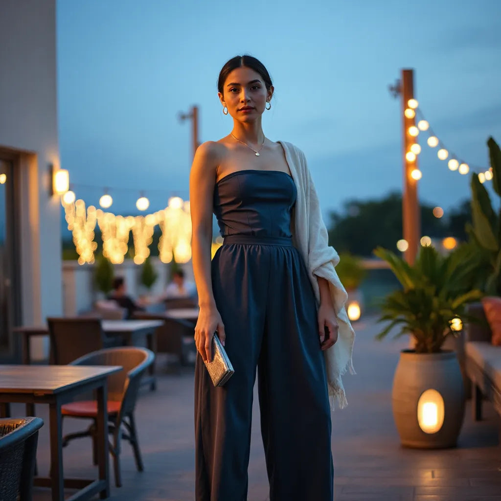 Model in a strapless bandeau jumpsuit styled for a warm summer evening near soft outdoor lights