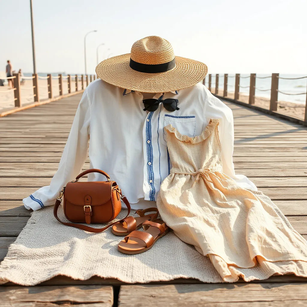 Casual beachwear laid out on a linen towel with sandals, hat, and sunglasses on a sunlit boardwalk