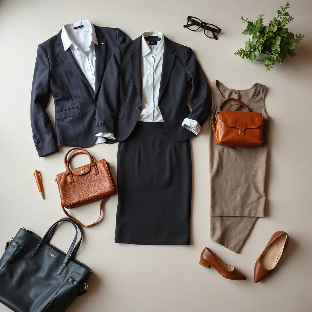 Tailored blazer, button-down shirt, trousers, skirt, and tote arranged for a polished office outfit