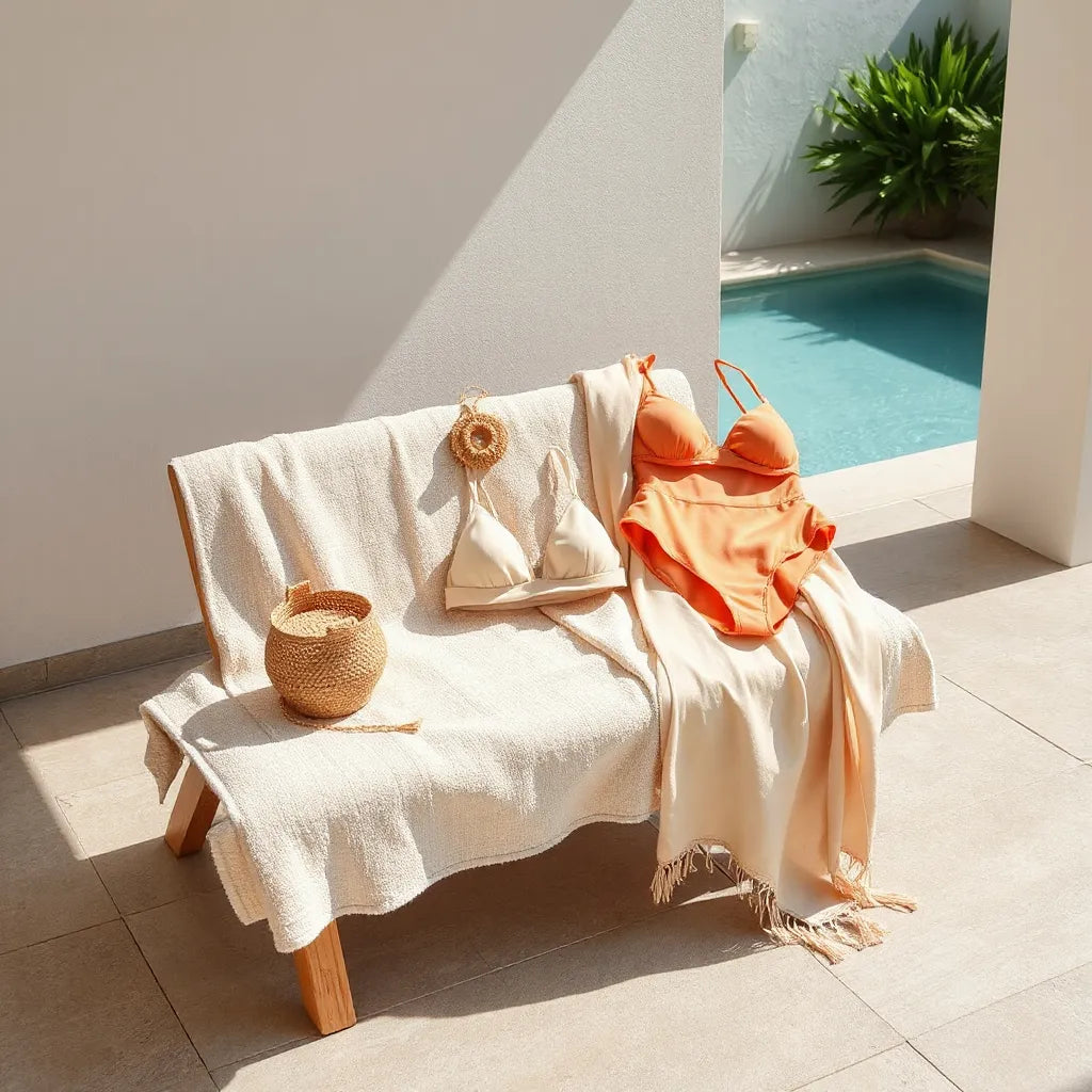 Selection of women’s summer swimwear including bikini and one-piece styles on a towel by a poolside patio