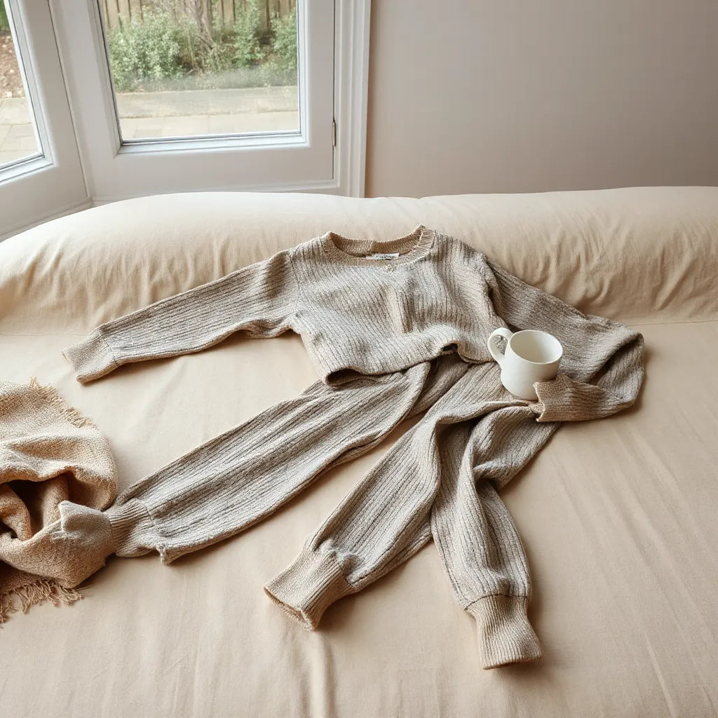 Relaxed knit loungewear set arranged on a sofa with cozy blanket under soft natural light