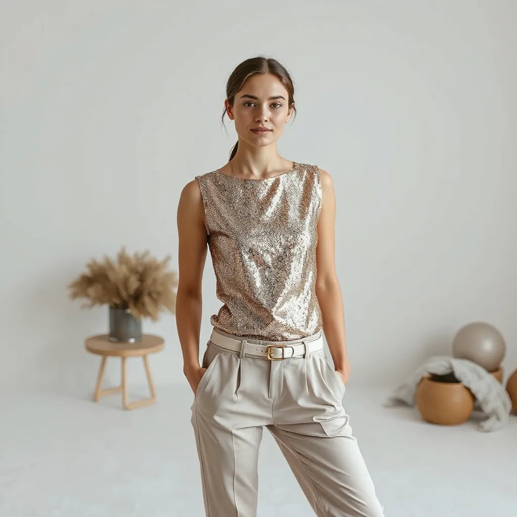 Model wearing a shimmering sequin top styled with simple trousers in a clean studio setting
