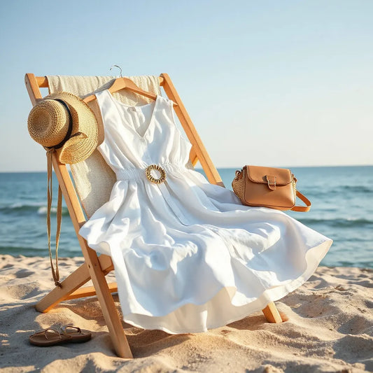 Sunlit beach chair with a flowy beach outing dress, straw hat, and sandals near the ocean