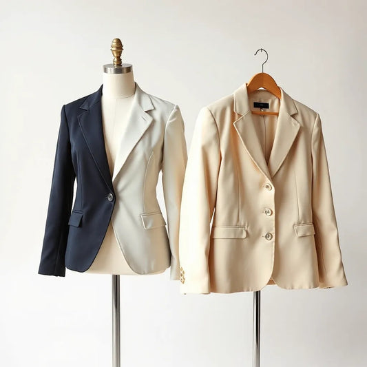 Tailored navy and cream women’s blazers with structured shoulders and polished buttons on a minimalist studio backdrop