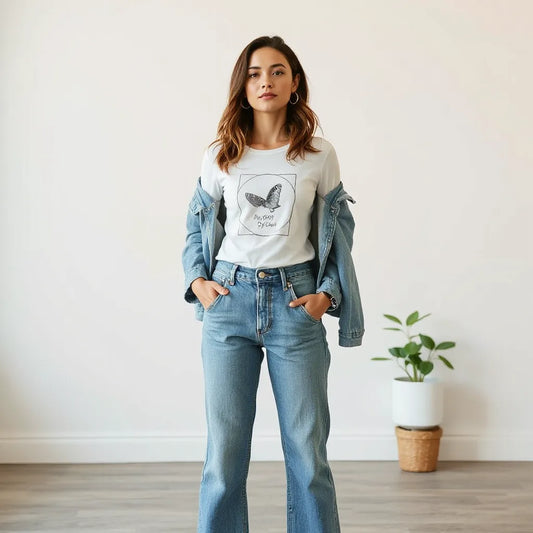 Woman wearing a fitted graphic tee with illustrated design, paired with jeans and a denim jacket in natural light
