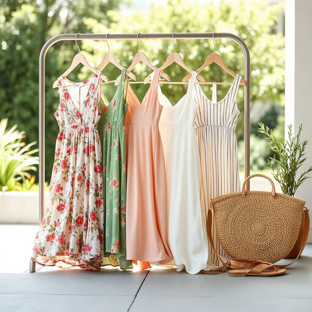 Flowing maxi dresses in light summer fabrics displayed on hangers with a straw bag and sandals nearby