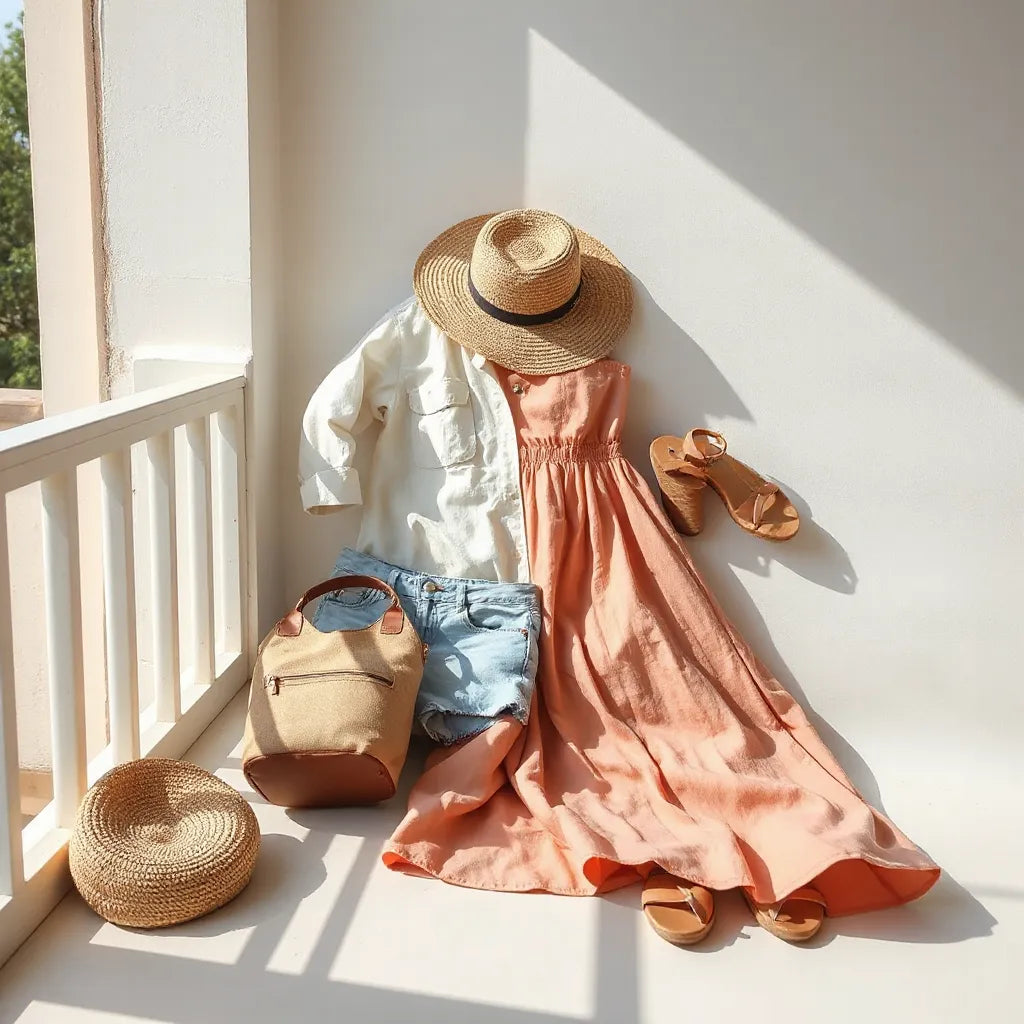 Breathable summer clothing laid out with sandals, hat, and accessories in warm natural light