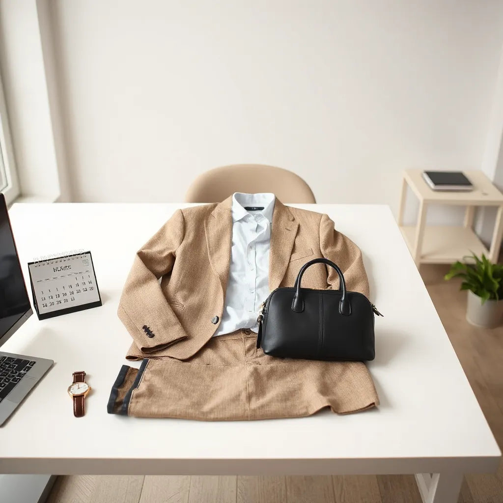 Tailored blazer and trousers outfit styled neatly on a desk with polished shoes and a structured bag
