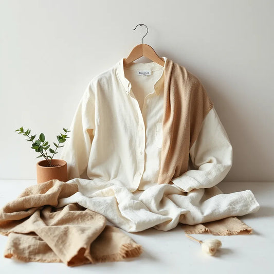 Natural fabric garments and accessories arranged on a minimal background with a small potted plant
