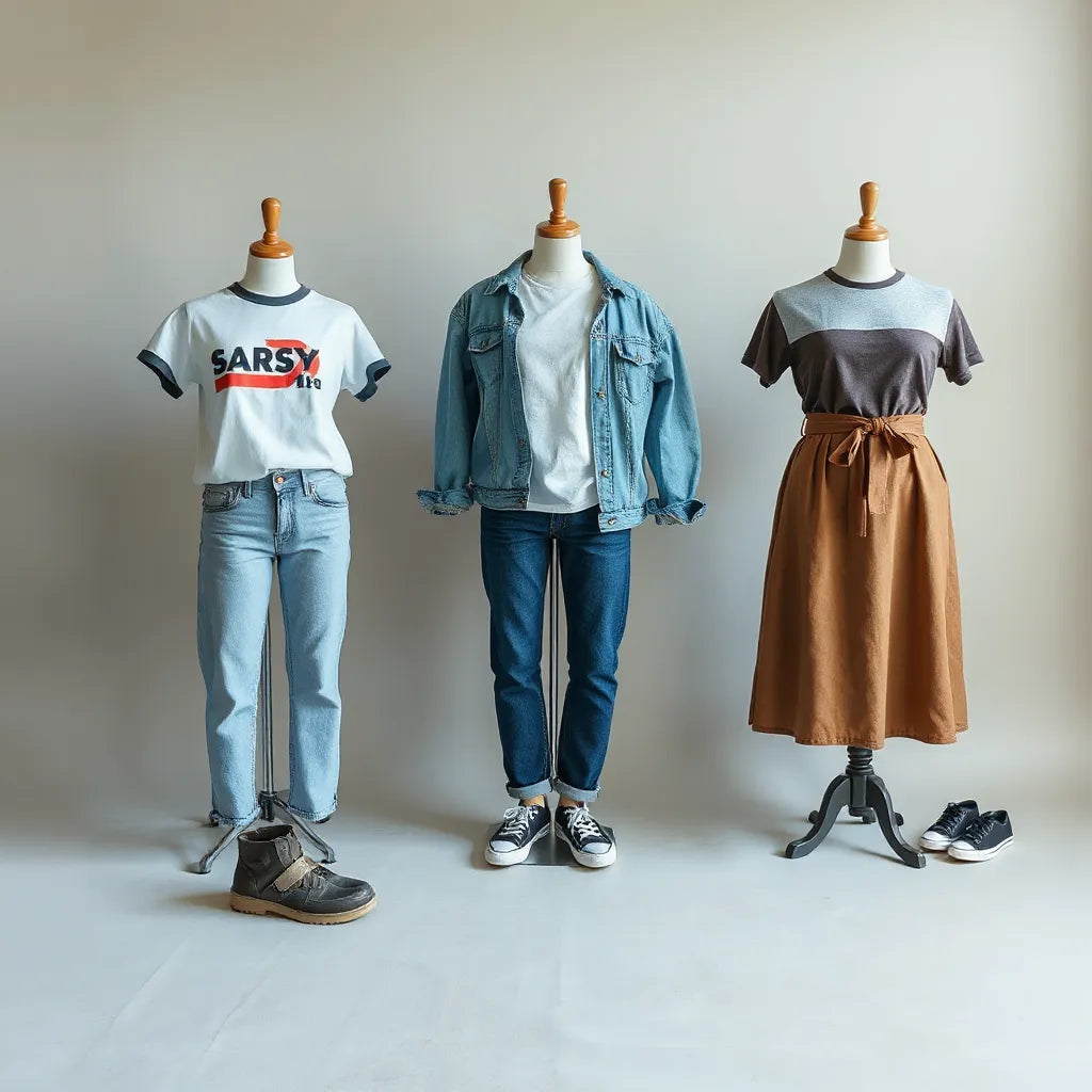 Women’s graphic t-shirt styling on mannequins with denim outfits in a clean studio setting