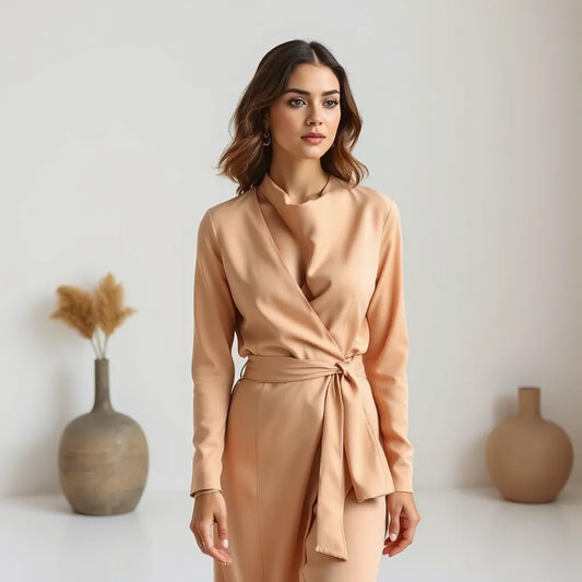Model wearing a solid asymmetrical neckline dress with an elegant fitted silhouette in a bright studio