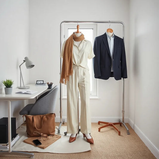 Tailored blazer and breathable work outfit arranged on a clean desk with accessories