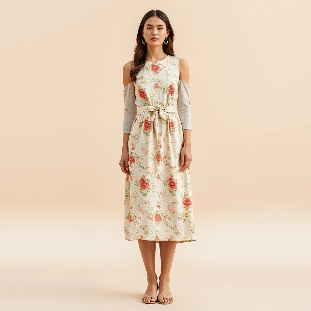 Model wearing an elegant unique floral pattern dress with a clear, detailed print in soft natural light