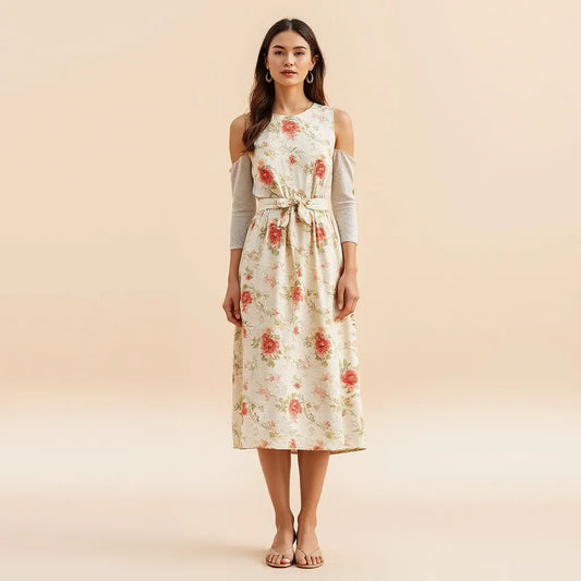 Model wearing an elegant unique floral pattern dress with a clear, detailed print in soft natural light