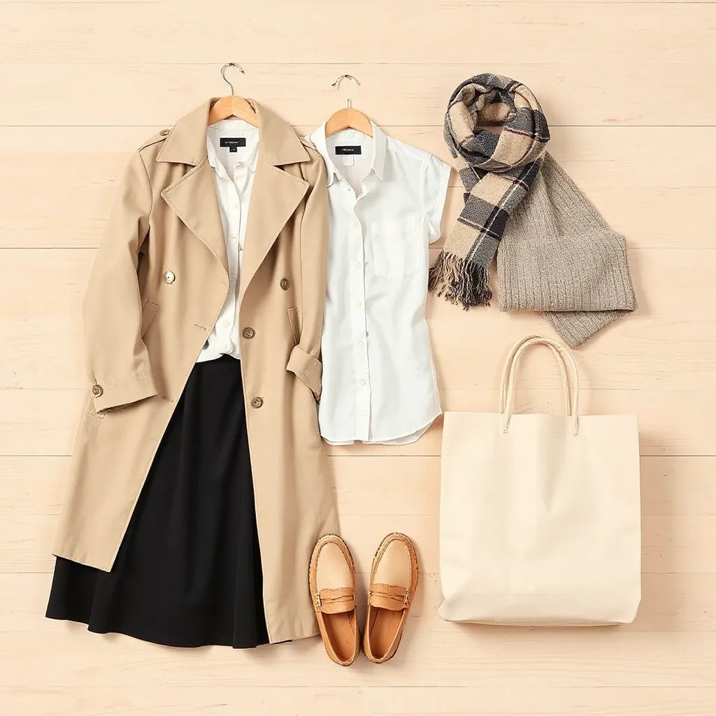 Neutral affordable chic outfits laid out neatly with coat, skirt, sweater, and loafers on a wood surface