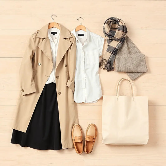 Neutral affordable chic outfits laid out neatly with coat, skirt, sweater, and loafers on a wood surface