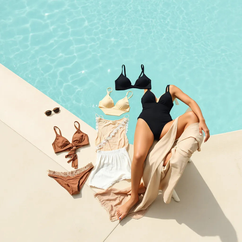 Assorted stylish women’s swimsuits in modern cuts displayed near a pool edge