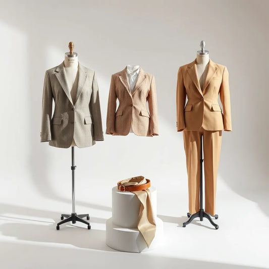 Tailored contemporary women’s suits on mannequins with a folded blouse in a clean studio setting