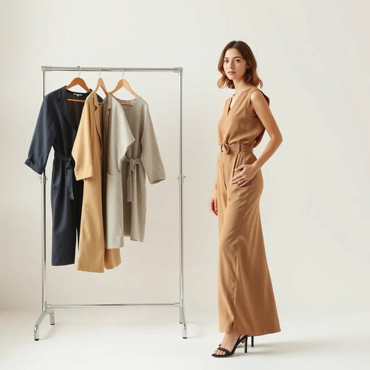 Model wearing a chic jumpsuit with a neutral studio backdrop and styled alternatives on a rack