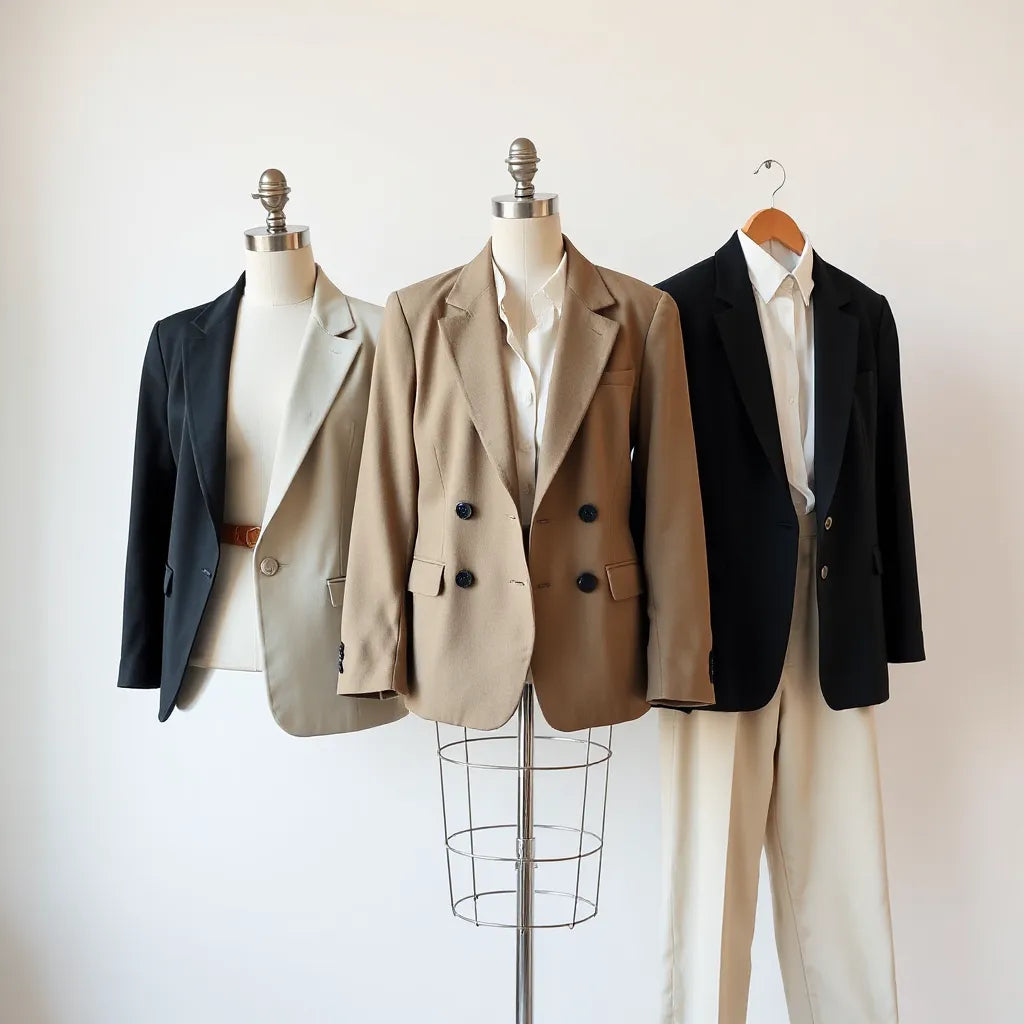 Tailored women’s blazers in black, beige, and navy neatly draped with a white blouse underneath.