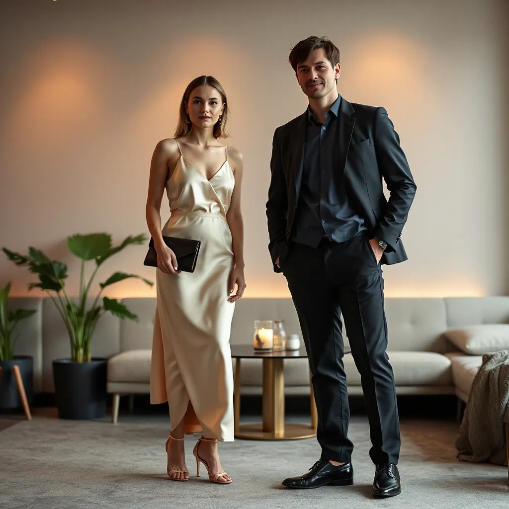 Elegant party outfits on two people in a warm evening lounge setting with soft bokeh lights
