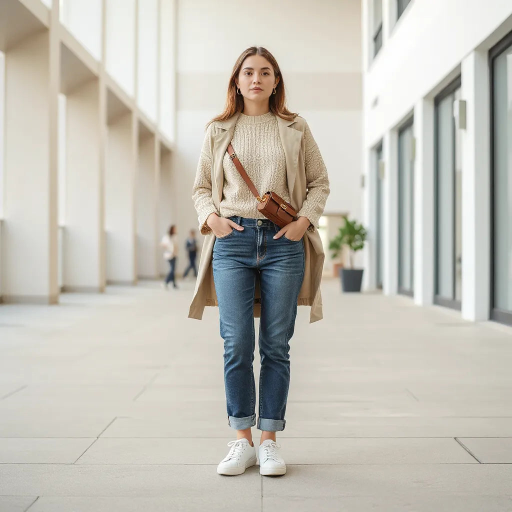 Model in a relaxed knit sweater and straight-leg jeans with sneakers and a lightweight jacket in daylight