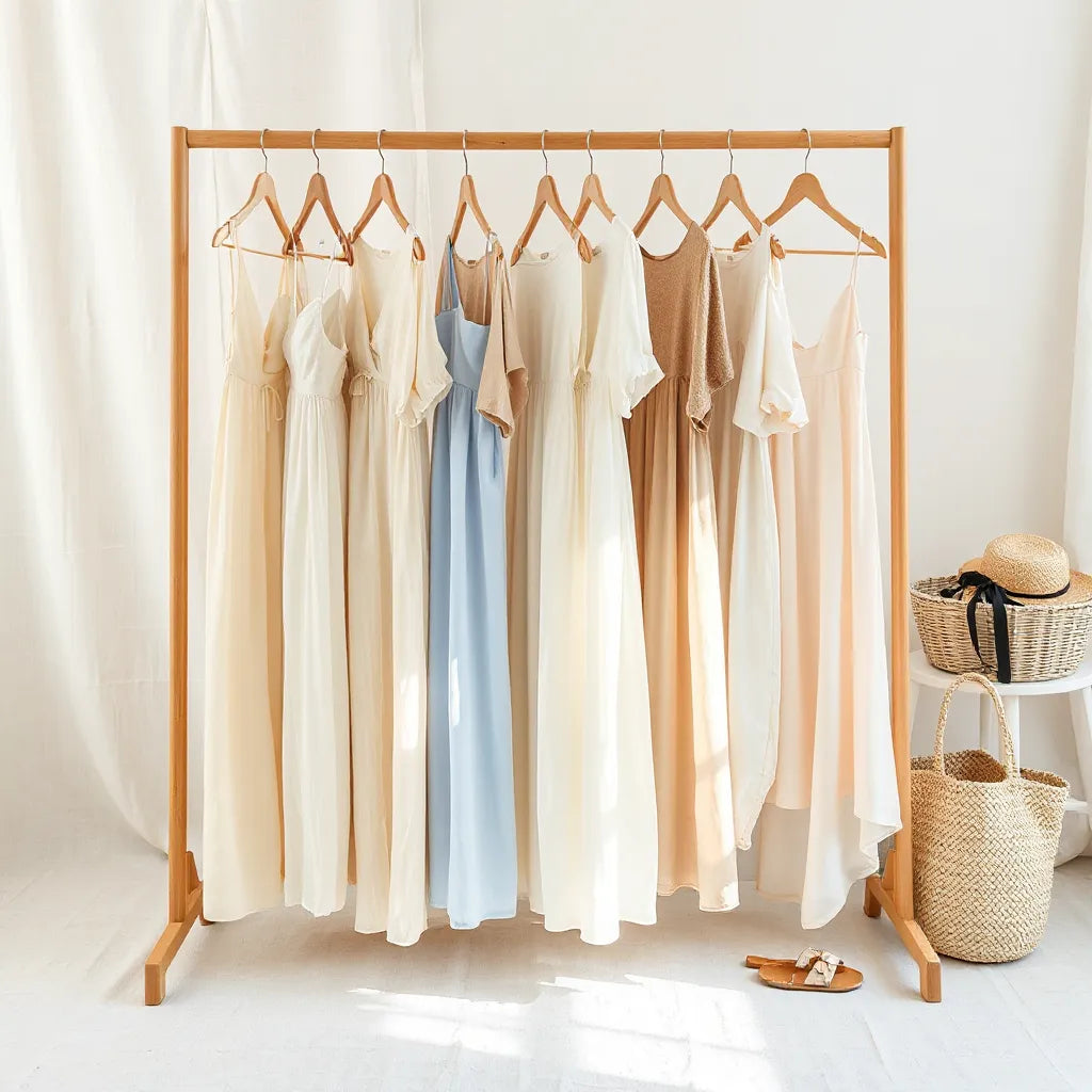 Flowing lightweight summer dresses in soft colors hanging on a minimal rack in bright sunlight